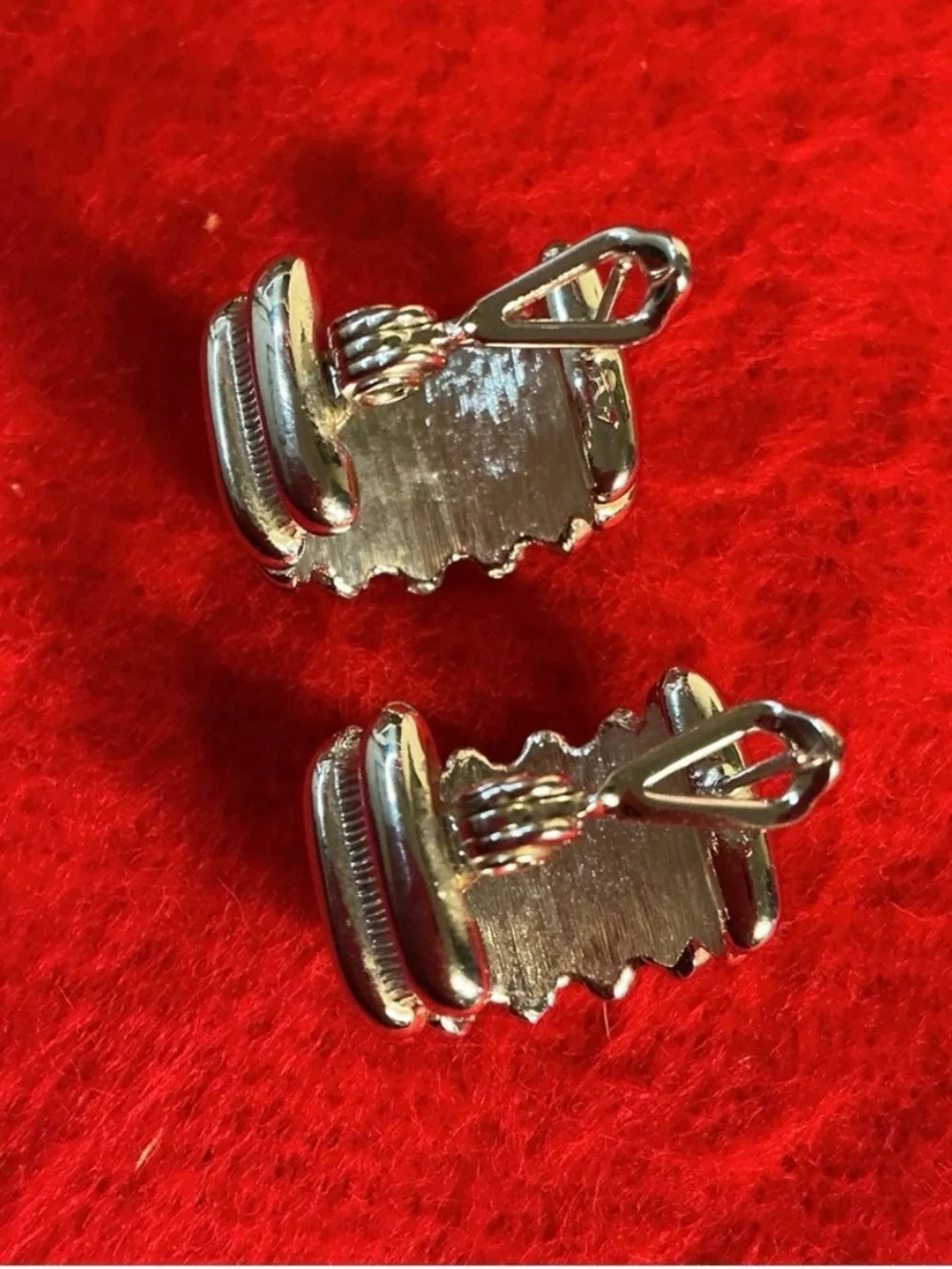 Vintage MONET Silver Tone Ribbed Pierced Post Omega Clip Earrings Pat Pend